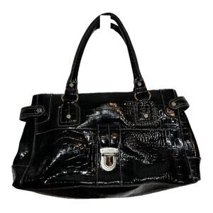 Liz Claiborne Croc Embossed Shoulder Bag Vegan Leather Purse Zip Buckle Black